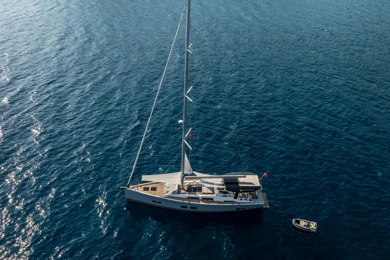 Hanse 588 Yacht Photos Pics Aerial view of 2024 Hanse 588 yacht sailing on clear blue water.