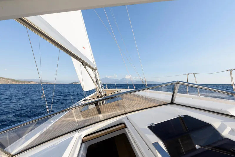 Hanse 588 Yacht Photos Pics 2024 Hanse 588 yacht sailing on open sea under clear blue sky.