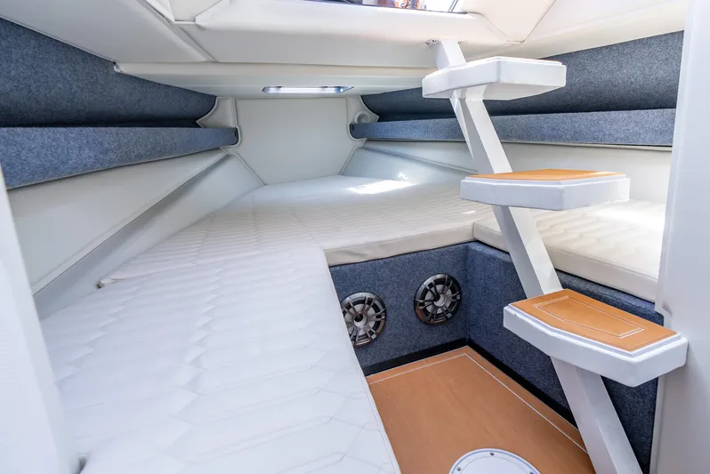 Novielli Yacht Photos Pics Interior cabin of 2026 Novielli Veloche 349 boat with modern design and comfortable seating.