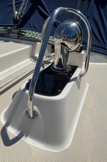  Yacht Photos Pics Island Packet 380 sailboat deck detail, 2002 model, featuring polished metal fittings.