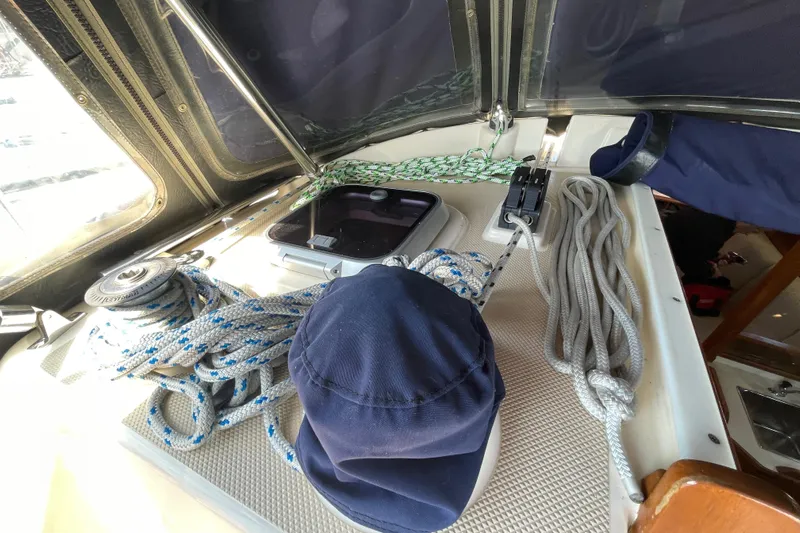  Yacht Photos Pics Sailing equipment on 2002 Island Packet 380 yacht deck, featuring ropes and winches.