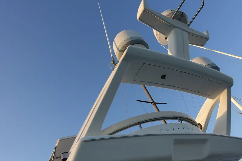 Resilient Sea Yacht Photos Pics 2004 Ferretti Yachts 530, close-up of radar arch against clear blue sky.