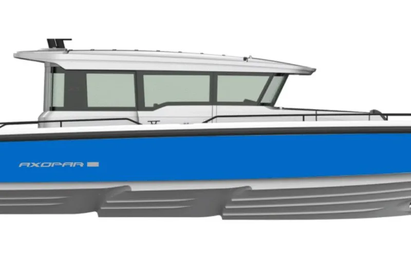 License To Chill Yacht Photos Pics 2023 Axopar XC boat with Brabus aft cabin and gull-wing doors, side view.