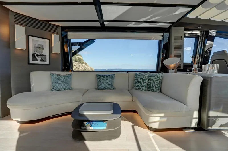 Apricity Yacht Photos Pics Luxurious interior of 2024 Azimut S8 yacht with elegant seating and ocean view.