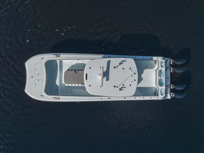  Yacht Photos Pics Aerial view of 2026 Front Runner 37 Catamaran on calm water.