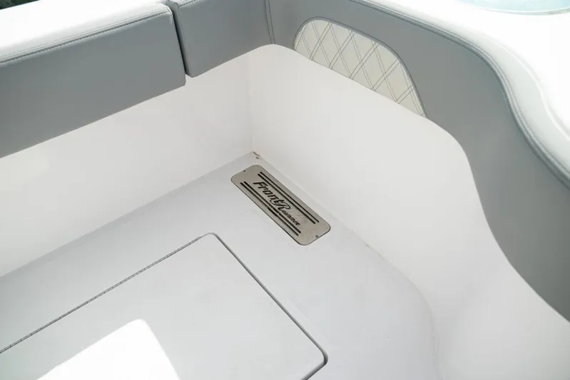  Yacht Photos Pics Interior of 2026 Front Runner 37 Catamaran, featuring sleek seating and branding.