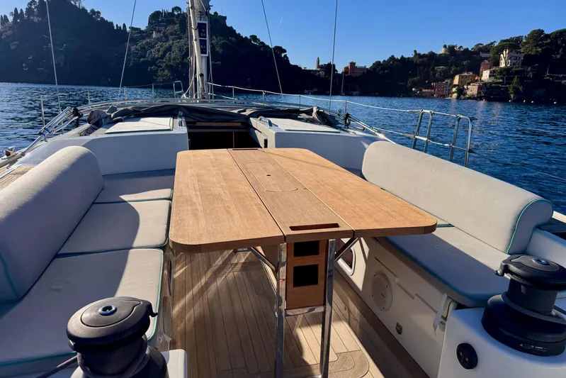  Yacht Photos Pics Italia Yachts 15.98 (2021) sailboat deck with seating and table, scenic water view.