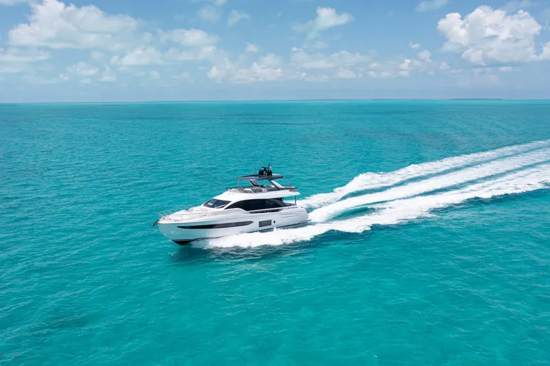 Euphoria Yacht Photos Pics Luxury Azimut 78 yacht cruising on turquoise ocean, 2022 model.