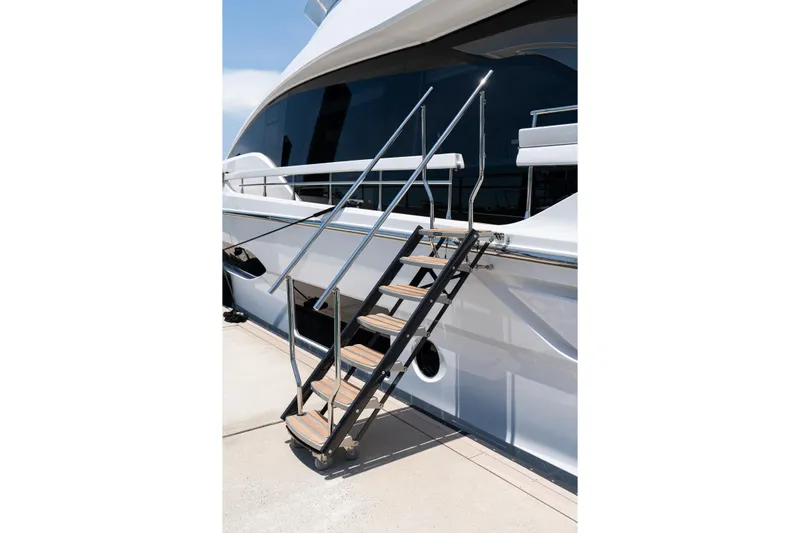 Euphoria Yacht Photos Pics Luxury Azimut 78 yacht with sleek exterior and elegant boarding stairs, 2022 model.