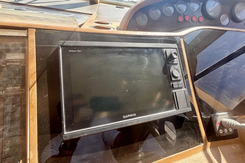  Yacht Photos Pics Garmin GPS display on 2004 Viking Princess 61 Fly Bridge yacht dashboard.