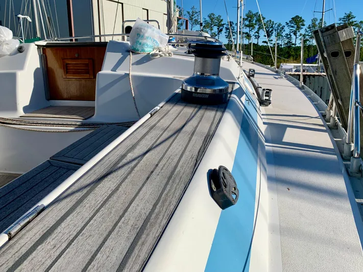 Cavallino Yacht Photos Pics Deck view of a 2000 Grand Soleil 46.3 sailboat, featuring winches and teak accents.