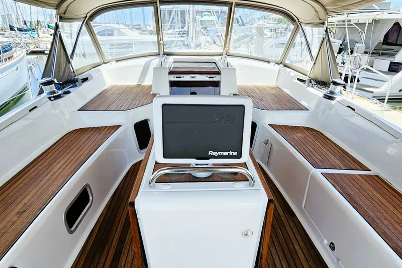  Yacht Photos Pics Cockpit of 2017 Jeanneau Sun Odyssey 51 with Raymarine navigation system.