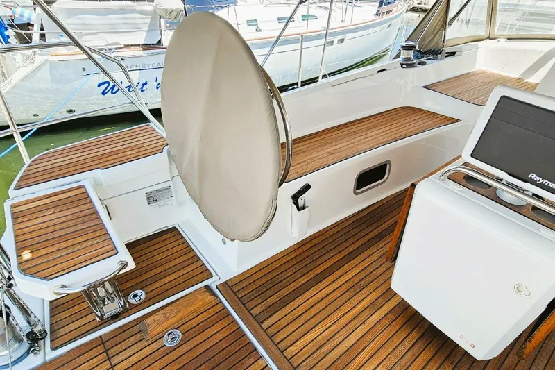  Yacht Photos Pics Jeanneau Sun Odyssey 51 yacht cockpit with teak flooring, 2017 model.