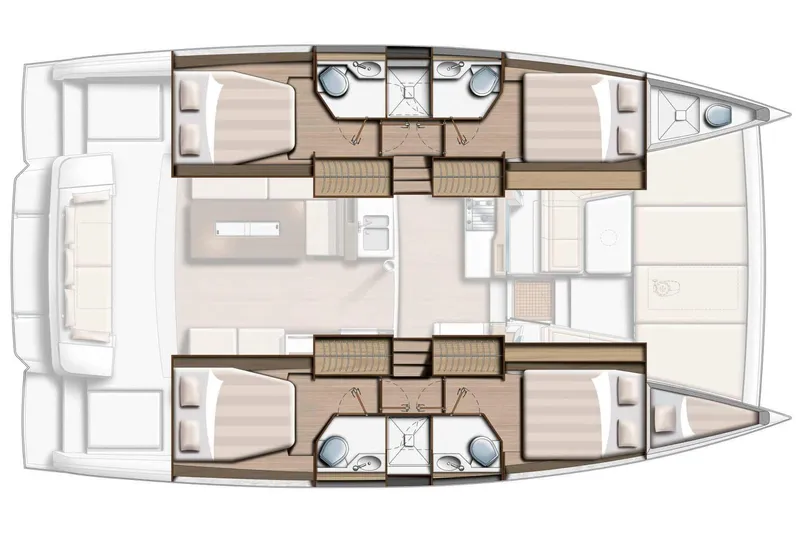 Yulia Yacht Photos Pics Floor plan of a 2023 Bali 4.2 catamaran, featuring cabins and living areas.