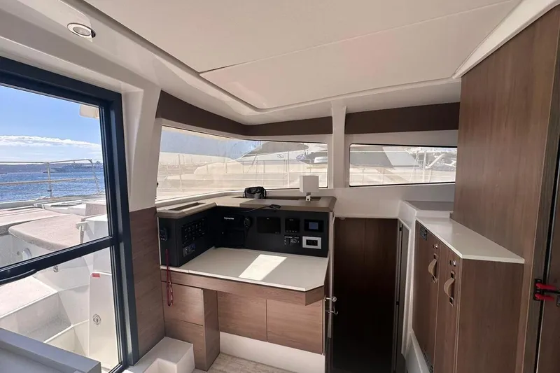 Yulia Yacht Photos Pics Modern interior of 2023 Bali 4.2 yacht with sleek design and ocean view.