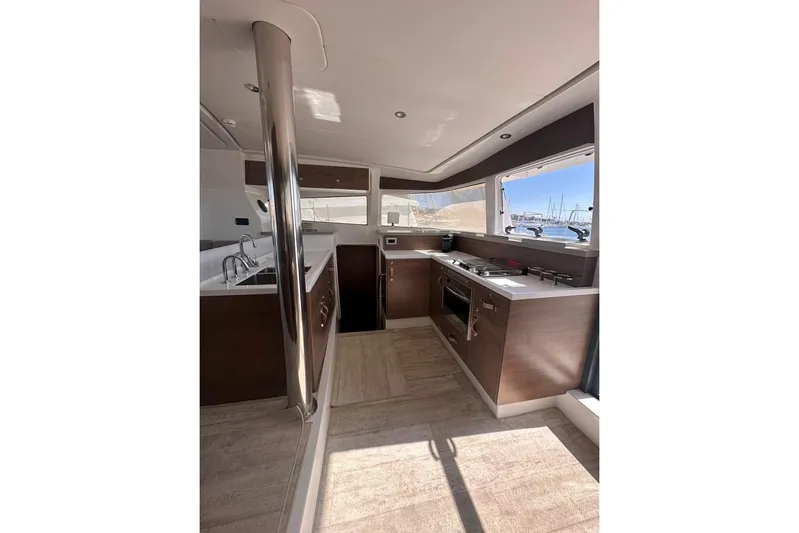 Yulia Yacht Photos Pics Modern kitchen interior of 2023 Bali 4.2 yacht with sleek design and ocean view.