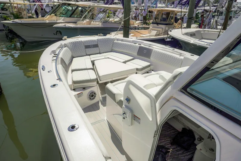 The Reel Commander Yacht Photos Pics 2026 Sea Fox 368 Commander boat interior with spacious seating and modern design.