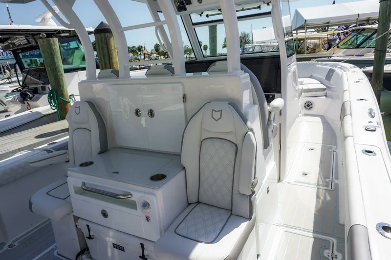 The Reel Commander Yacht Photos Pics 2026 Sea Fox 368 Commander boat interior with luxurious seating and modern design.