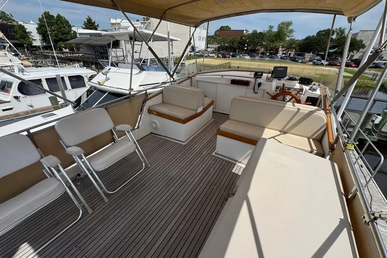 Carolina Breeze Yacht Photos Pics 1989 Grand Banks 42 Motor Yacht deck with seating and helm, docked at marina.