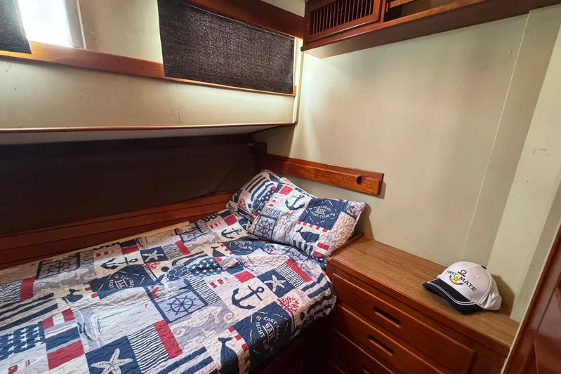 Carolina Breeze Yacht Photos Pics Cozy cabin interior of 1989 Grand Banks 42 Motor Yacht with nautical-themed bedding.