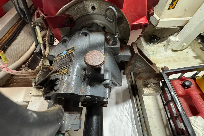 Carolina Breeze Yacht Photos Pics Engine compartment of a 1989 Grand Banks 42 Motor Yacht, showcasing mechanical components.