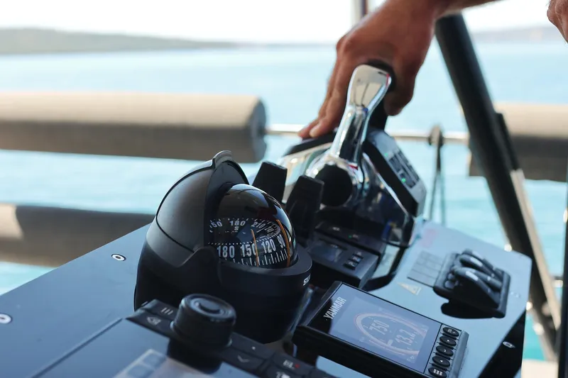 Volare Yacht Photos Pics Helm of 2025 Hanse 590 yacht with compass and controls.