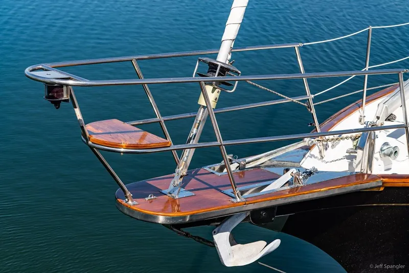 Skoal Yacht Photos Pics Bow of 2005 Cabo Rico 42 Pilot yacht with anchor and teak deck details.