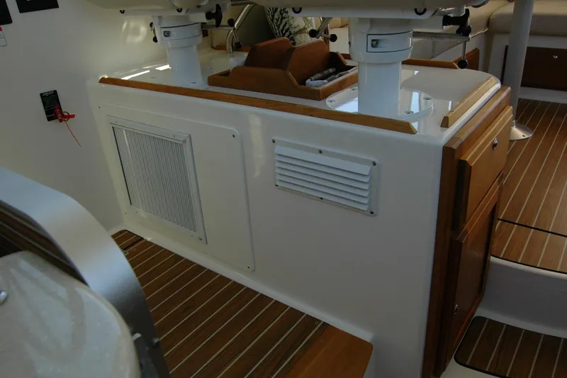 Double D Yacht Photos Pics 2014 Back Cove 37 interior with wood accents and ventilation panels.