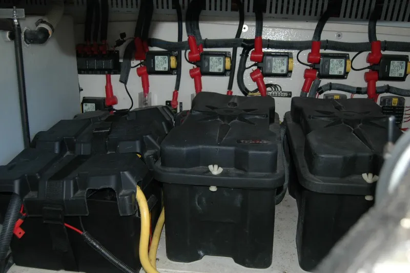 Double D Yacht Photos Pics Battery compartment of a 2014 Back Cove 37 boat with wiring and connections.