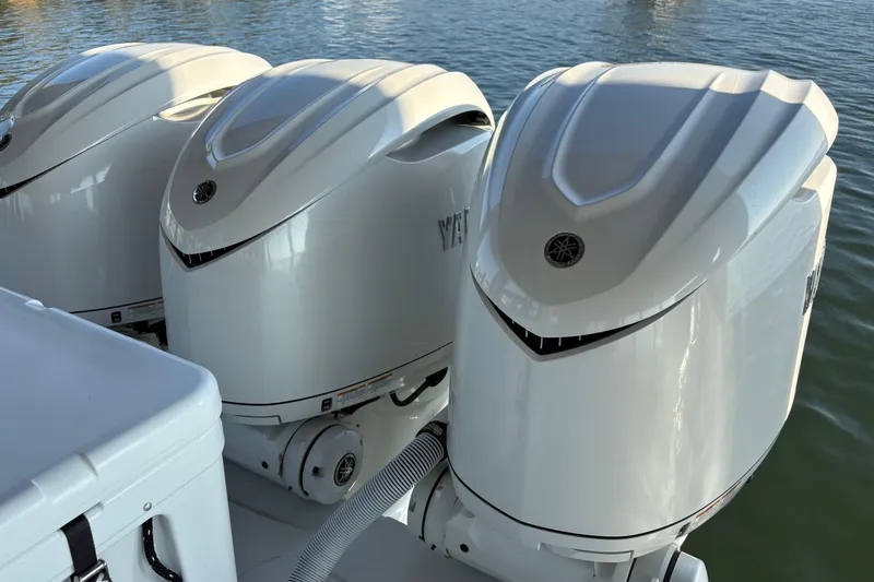  Yacht Photos Pics Triple outboard engines on a 2024 Yellowfin 36 Offshore boat.