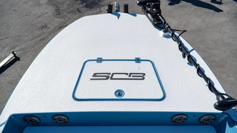  Yacht Photos Pics 2025 SCB S22 boat deck with logo and mounted equipment.