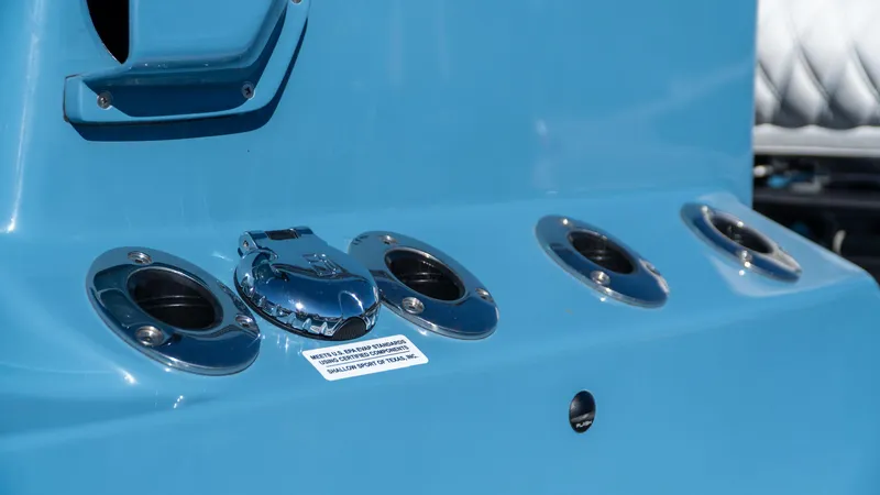  Yacht Photos Pics Blue SCB S22 boat detail with rod holders, 2025 model.