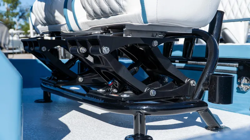  Yacht Photos Pics Adjustable seating mechanism in 2025 SCB S22 boat, featuring durable black metal supports.