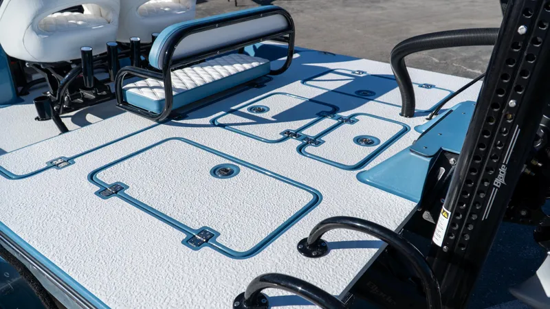  Yacht Photos Pics 2025 SCB S22 boat deck with storage compartments and seating.