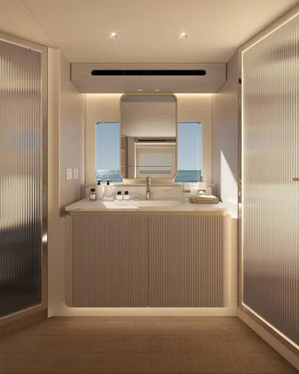  Yacht Photos Pics Luxurious bathroom interior of 2026 Absolute 70 Fly yacht, featuring modern design and elegant fixtures.