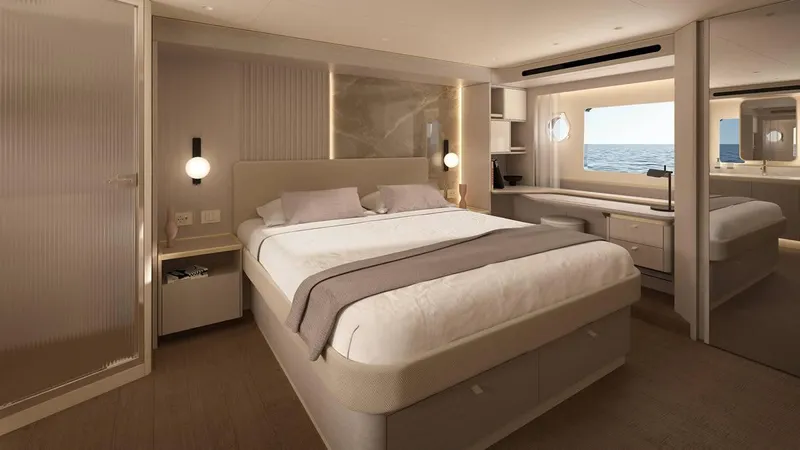  Yacht Photos Pics Luxurious bedroom interior of 2026 Absolute 70 Fly yacht with ocean view.