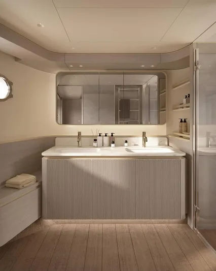  Yacht Photos Pics Luxurious bathroom interior of 2026 Absolute 70 Fly yacht, featuring modern fixtures and elegant design.