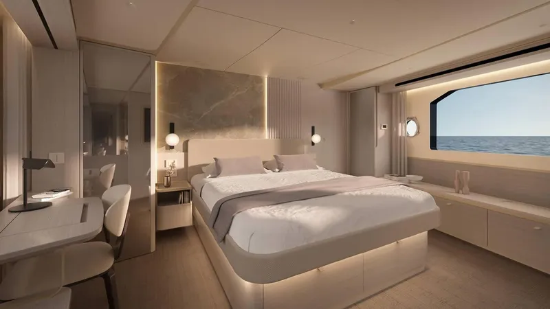  Yacht Photos Pics Luxurious bedroom interior of 2026 Absolute 70 Fly yacht with ocean view.
