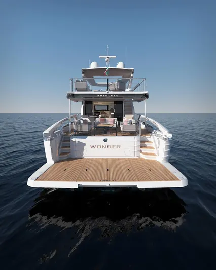  Yacht Photos Pics Luxury Absolute 70 Fly yacht on calm sea, rear view, 2026 model.