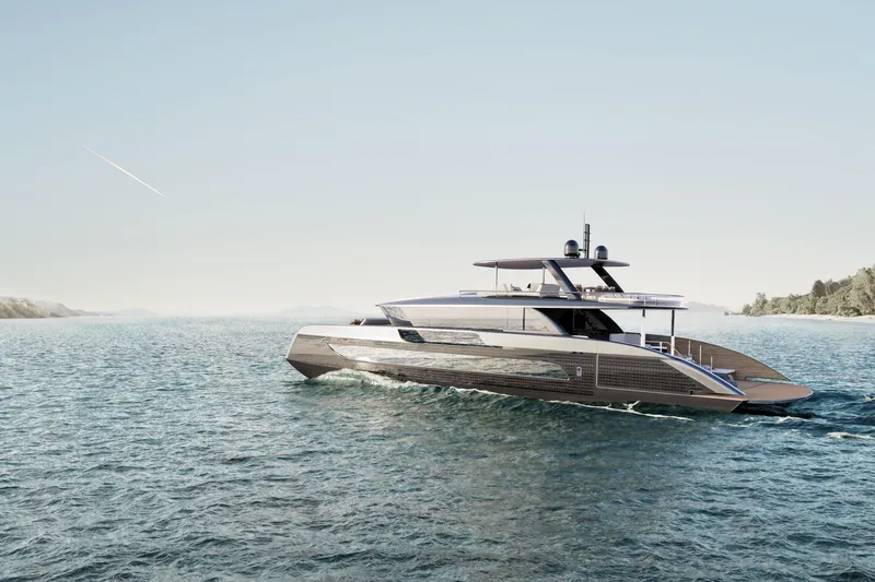  Yacht Photos Pics Luxurious 2026 Sunreef 88 ULTIMA yacht cruising on serene waters.