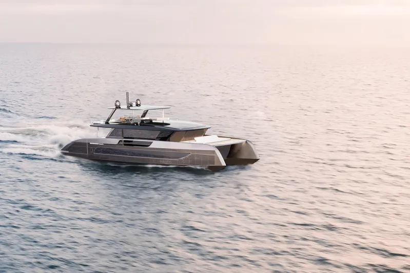  Yacht Photos Pics 2026 Sunreef 88 ULTIMA luxury yacht cruising on open sea at sunset.