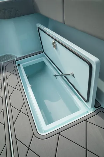  Yacht Photos Pics 2026 Front Runner 39 Center Console storage compartment with open lid, showcasing interior design.