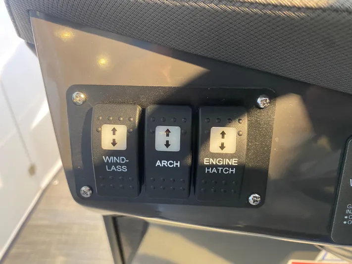 Yacht Photos Pics Control panel with switches for windlass, arch, and engine hatch on 2023 Monterey 298 Super Sport BR.