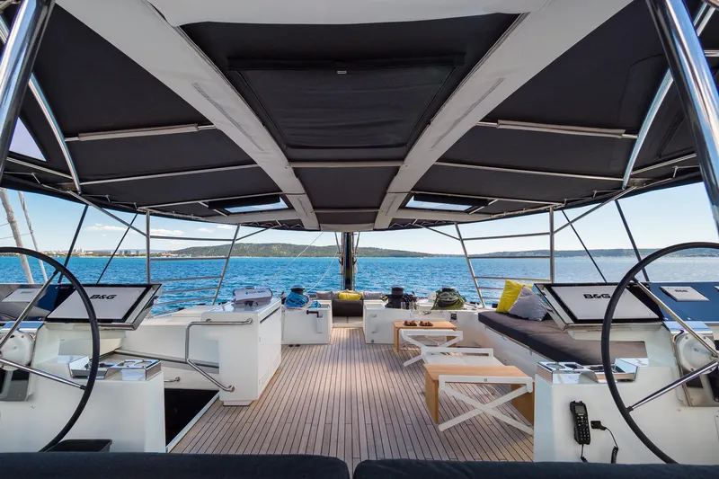 Duolife Yacht Photos Pics Luxurious 2019 Lagoon 620 Essence yacht interior with dual steering wheels and ocean view.