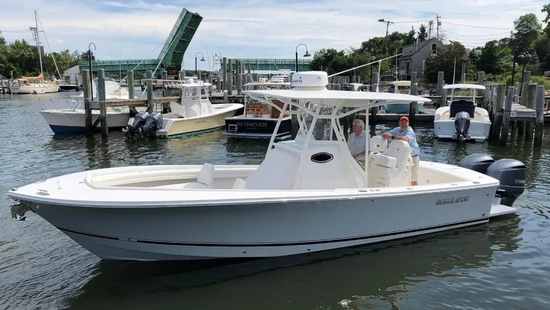  Yacht Photos Pics 2018 Regulator 28 Center Console boat with Optimus 360 Joystick Control in a marina.