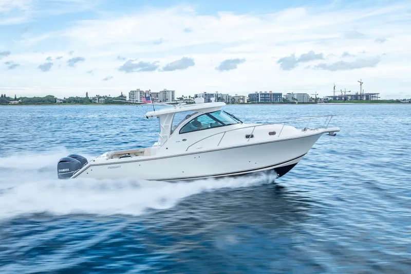 "seven C's" Yacht Photos Pics 2011 Pursuit OS 345 Offshore boat cruising on open water.