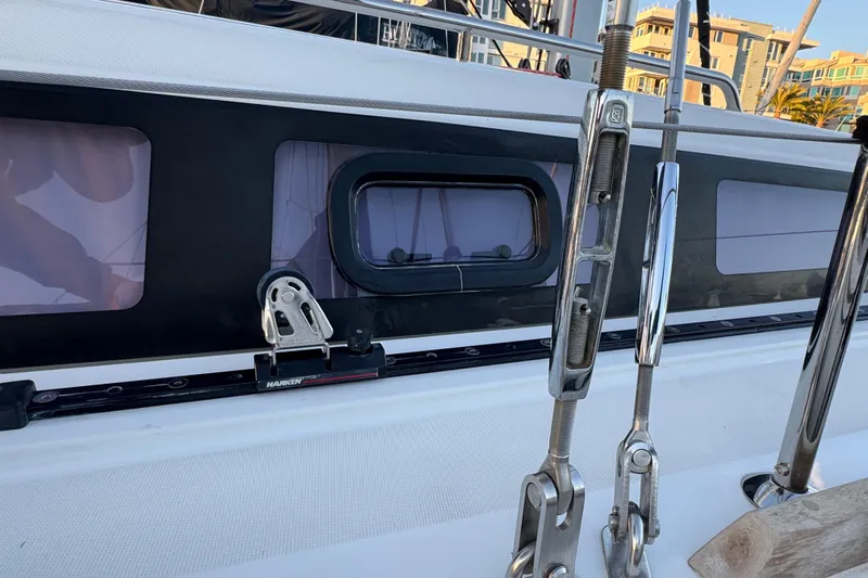 Barcelona Yacht Photos Pics 2021 Beneteau Oceanis 35.1 yacht deck with rigging and window details.