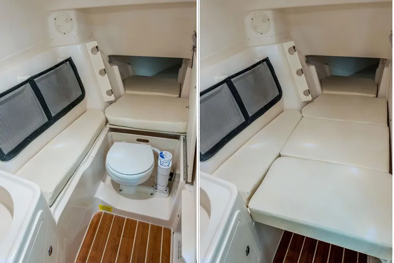 Plan B Yacht Photos Pics Manufacturer Provided Image: 2019 Grady-White Freedom 307 cabin with convertible seating and marine toilet.