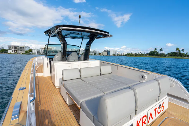  Yacht Photos Pics 2021 Pardo Yachts 38 on water, featuring spacious deck and modern design.