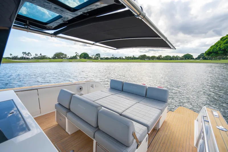 Yacht Photos Pics Luxury Pardo Yachts 38, 2021 model, with spacious deck and scenic waterfront view.